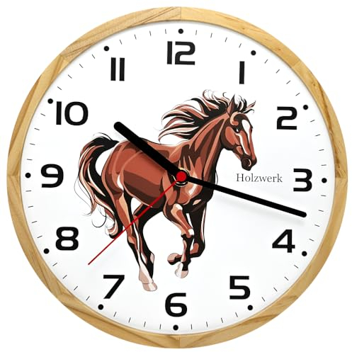 Holzwerk Germany Kinder-Wanduhr Kinder Jungen Mädchen aus Holz lautloses Uhrwerk ohne Ticken tickgeräusche Pferde Tier Uhr lautlos 24,7 cm Durchmesser Braun Weiss mit Pferde Motiv (Braun)