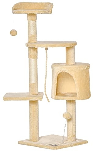 PawHut Árbol para Gatos Rascador Grande con Plataformas Casetas Bolas de Juego 114cm Cubierto de Felpa Beige