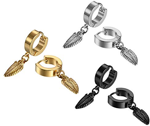 Cupimatch Feder Ohrringe Creolen Set: 3 Paare Edelstahl Gothic Vintage Blatt Huggie Ohrstecker Elegant Klappcreolen Klassische Boho Ohrhänger Ohrclips Geburtstag Schmuck Geschenk für Jungen Mädchen