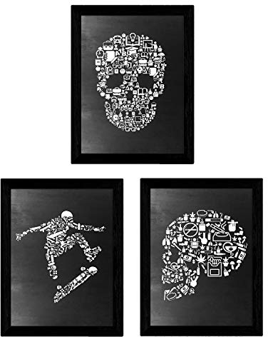 Nacnic Set von drei schwarzen und weißen Blättern im September Schädel und schwarzen Hintergrund skateTamaño A3 Poster Schiefer Stil