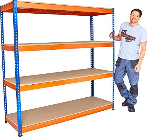 The Workplace Depot Heavy Duty Garage Shelving - 1800H x 1800W x 600D mm, 4-Tier Steel Shelving Unit with MDF Shelves, 400kg UDL Per Level, Bolt-Free Assembly for Garages, Workshops & Warehouses