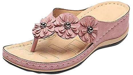 WYCcaseA Sandales Femmes Plates Chaussures Sandales en Cuir PU Nu Pieds Été À Talon Compensé Tongs Clip Toe Sandales Chaussures de Plage Été Bohème Strass Fleurs Sandales,Rose,38