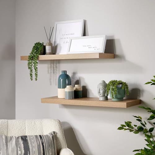 Home Source Pair of 2 Floating Wall Mounted Storage Shelf Wooden DVD Book Shelves, Sonoma Oak Effect, 80 cm