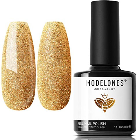 Modelones Gold Gel Polish, 15ml 1Pc Soak Off Glitter Gel Nail Polish for LED Nail Lamp Long Lasting French Manicure Nail Gel Varnish, High Glossy, Smooth, Chip Resistant, Salon & Home Use Nail Art
