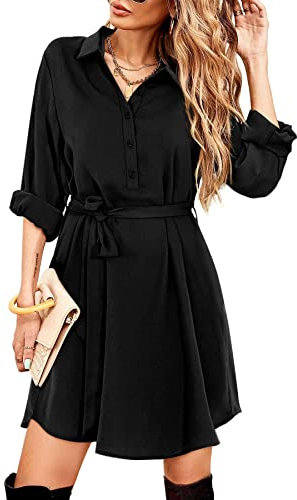 Beluring Womens Shirt Dress Casual Long Sleeve V Neck Button Dress Black Size 8 10