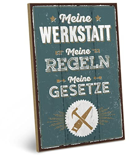 ARTFAVES® Wandbild Holzschild mit Spruch - Meine Werkstatt Meine Regeln - Türschild Retro Vintage Deko Bild Geschenk - Papa, witzige Sprüche, Vatertag