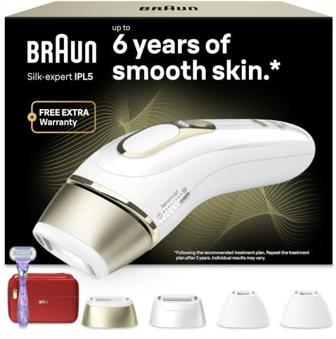 Braun IPL Silk Expert Pro 5 At Home Hair Removal, White/Gold | Alternative for Laser Hair Removal, Includes Pouch, Wide Head, 2 Precision Heads and Venus Razor, PL5387, Gift for Women