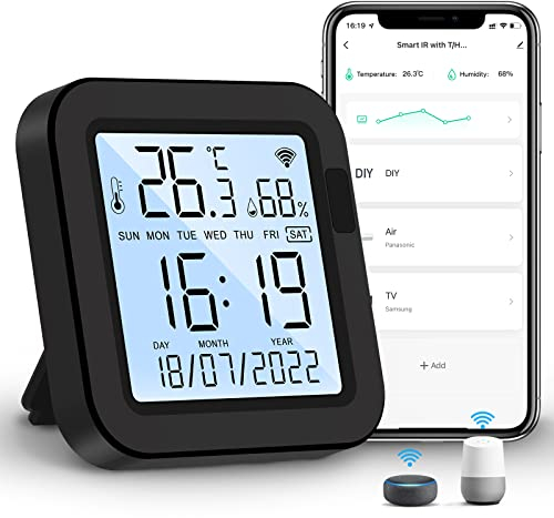 Panamalar 3 en 1 Control Remoto Inteligente IR con Sensor de Temperatura Humedad y pantalla LCD retroiluminada de 3,4, Smart Universal WiFi Hub de Control Infrarrojos con Alexa/Timer/Casa inteligente
