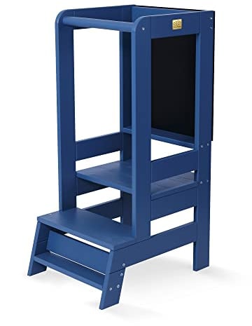 MEOWBABY Lernturm für Kinder - Baby Montessori Verstellbar Learning Tower aus Natur Holz mit Tafel, Kleinkind Stabil Lernstuhl für Küche, Babys Sicher und Praktisch Küchenturm, Blau