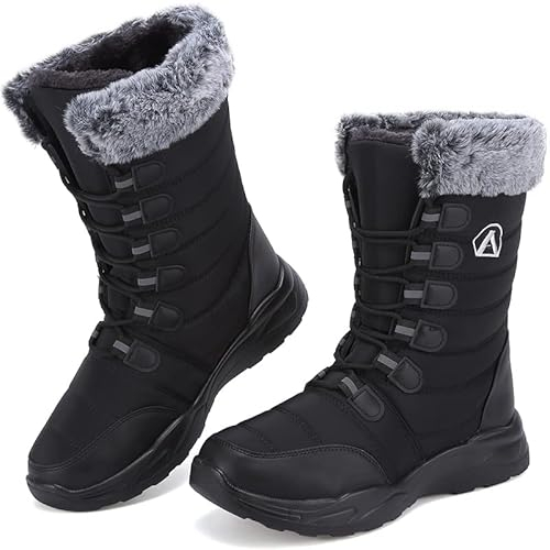 Csgkag Stivali da Neve Uomo Donna Scarpe Invernali Stringate Stivaletti Fodera Caldi Stivaletti Casual Outdoor Antiscivolo Scarponi Trekking,Nero,EU43