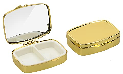 kwmobile 2x Edelstahl Tablettenbox mit 2 Fächern - 5,5 x 4 x 1,5cm - Pillendose klein Tablettendose - Tragbare Pillenbox Metall Medikamentenbox Dose in Gold