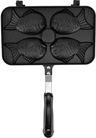 TOPINCN Taiyaki Bratpfanne, Aluminiumlegierung, 4 Gitter, Antihaftbeschichtet, Doppelseitig, Taiyaki-Pfanne, Fischform, Topfpfanne FüR Zuhause, KüChe, Waffelpfanne mit Griff