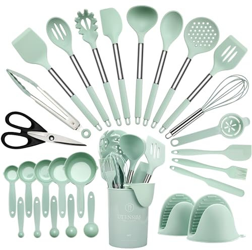 Hvygss 28 Pcs Silicone Cooking Utensils Set with Stainless Steel Handle, 446℉ Heat-Resistant Kitchen Utensils Set with Holder, Dishwasher Washable Silicone Spatula for Non-stick Cookware (Light Green)