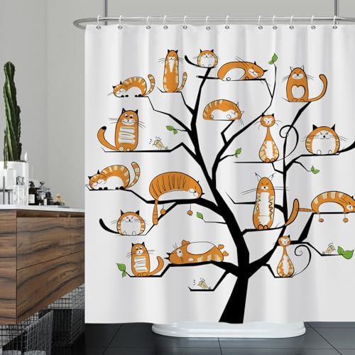 Ttincceer Katze Baum Duschvorhang 180x180cm Orange niedlich Kätzchen Bad Vorhang Aquarell lustige Tier Haustier Katze Dusche Vorhänge waschbar Badewanne Vorhang für Bad Dekor Badezimmer Dekorativ 