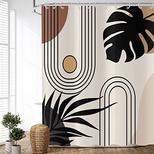 ASDCXZ Duschvorhang Boho 180x200 cm, Modern Abstrakt Kunst Boho Style Schwarz Blätter Sonne Linie Beige Braun Waschbar Duschvorhänge Textil Wasserdicht Duschvorhang für Badewanne mit 12 Haken