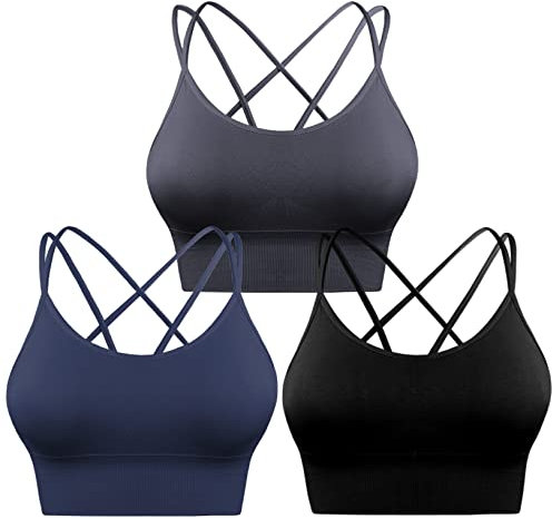 Sykooria Sport BH Damen Gepolstert Bustier Damen BH ohne Buegel Spaghettiträger Cross Back Design Push up BH Sport Bra Top für Yoga Fitness, Schwarz+Dunkelgrau+Dunkelblau, M