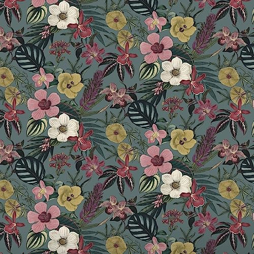 SOPHIE LAURENCE Floral Orchid Wallpaper Pink Yellow Exotic Tropical Palm Leaves Smooth - Textured, Washable, Strippable - Paste The Paper Feature Wallpaper (Teal, Full Roll)