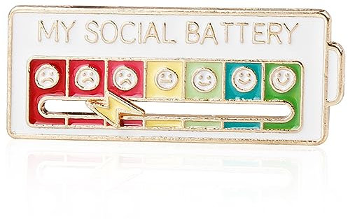 Social Battery Badge - Funny Mood Brooch Pin with Sliding Scale (White)