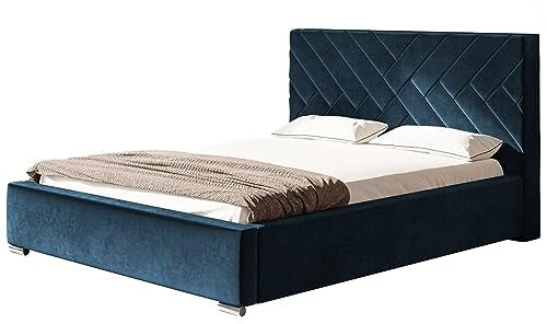AlpiMeble Polsterbett Monaco mit Kopfteil, 180x200 cm, Doppelbett mit Bettkasten und Lattenrost aus Holz, Velourstoff Dunkelblau