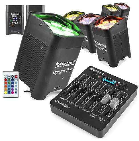 beamz BBP96 Wireless Battery Uplighters Set of 8 with DMX Controller - RGBAW-UV LED Battery Operated Uplighter Kit for Events, DJ, Stage & Venue Lighting