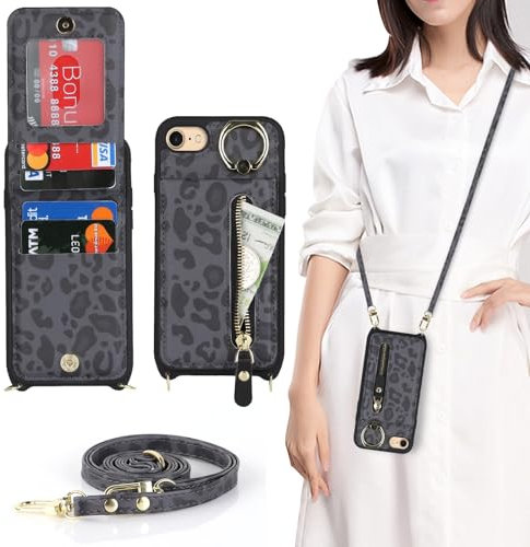 Zouzt for iPhone SE 2022/2020/3rd/2rd / iPhone 8/7 4.7 Inch Case with Cord and Card Holde, Zipper Wallet Case with Crossbody Lanyard Ring Adjustable Necklace Protective Cover Women - Black Leopard