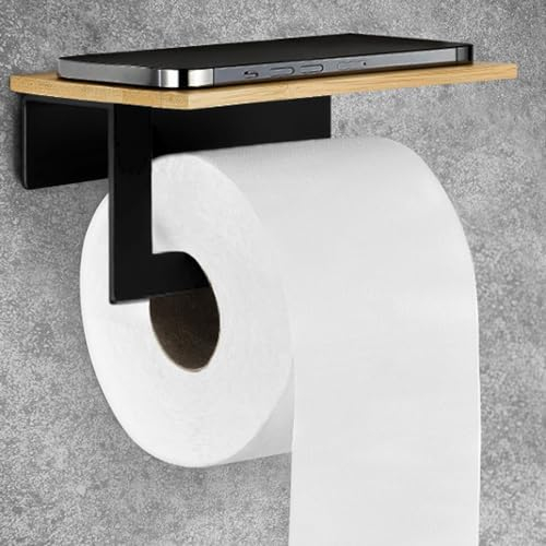 Toilettenpapierhalter Ohne Bohren mit Ablage Klopapierhalter Schwarz Matt mit Bambus Platte Klorollenhalter Kleben WC Papier Halterung