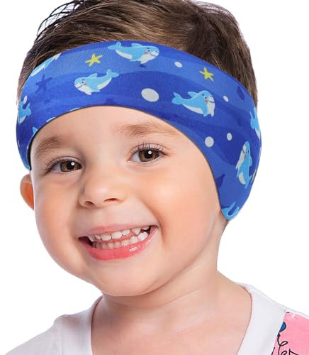 MoKo Schwimmen Stirnband, Neopren Schwimmband Ohrenband Wasserdichtes Kopfband Haarband mit Hohe Elastizität und Klettverschluss Ohrenschutz Band für Kinder Alter 3-9, M Größe - Dunkelblauer Hai