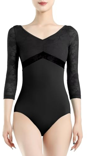 flexdans Damen Ballettkleidung 3/4 Ärmellos, Ballett Trikot Tanzbody Turnanzug für Erwachsene (D006-Schwarz-M)