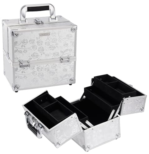 Makeup Case Vanity Box 4 Trays Beauty Organiser Case Cosmetic Storage Box with Locks, Silver Rose