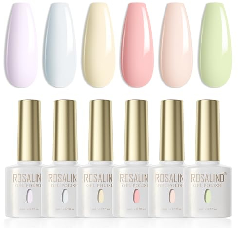 ROSALIND Smalto Semipermanente Pastello,6 estate Colori Macaron Smalti Semipermanenti per Unghie Soak Off UV/LED Gel Nail Polish,Primavera Estate Viola Blu Giallo Rosa Verde Kit