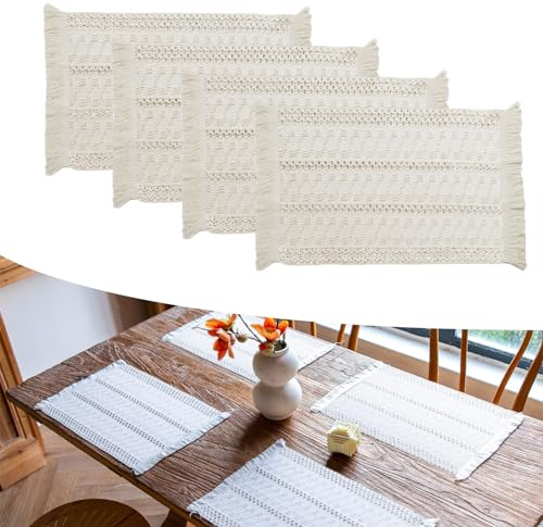 Elistonie 4 Stück Boho Gewebte Baumwolle Tischsets - Handgewebte Fransen, Waschbar, Bauernhaus Leinen Quaste Tuch Tischmatten, Rustikale Makramee für Esstisch Dekor (C)