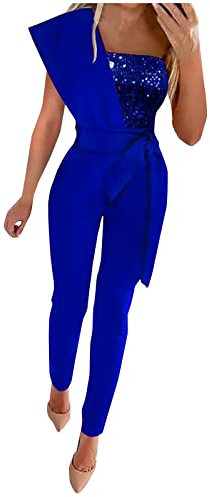 Keepink Combinaisons pour femme - Été - Mariage - À paillettes - Élégante - Pour fête, club, bureau, soirée, bureau - Dos nu - Sexy - Fermeture éclair, 052 Bleu, XXL