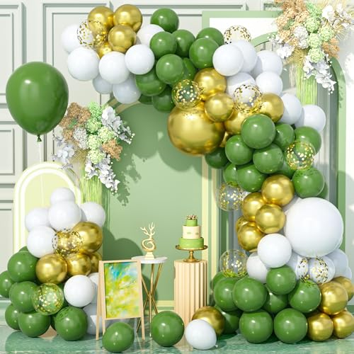Teselife 136 Pezzi Kit Arco Palloncini Oro Verde Salvia, Kit Ghirlanda Palloncini Oro Metallizzato Verde Oliva Bianco per Compleanno Baby Shower Matrimonio Anniversario Feste Carnevale Forniture Decor