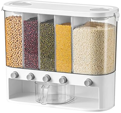TsoLay Dispensador De Cereales De 5 Rejillas Montado En La Pared, Dispensador De Alimentos Secos De 12 litros con Vaso Medidor Y Particiones Extraíbles, Control Gratuito De La Producción De Alimentos