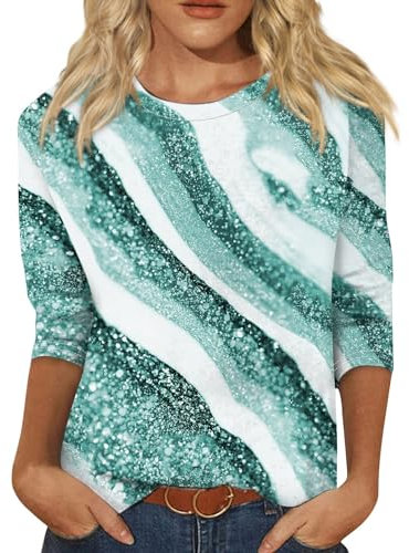 Shirt Damen 3/4 Arm Blusentops Damen Bluse Kurzarm Damen Tops für Damen Baumwolle Tunika Shirt Damen Sommer Flieder Shirt Damen Sommer Locker Damenblusen 3/4 Arm Spitze Casual Türkis 3XL