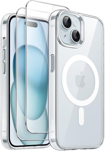 JETech 3 in 1 Magnetic Case for iPhone 15 6.1-Inch with 2 Pack Tempered Glass Screen Protectors, Compatible with MagSafe, Shockproof Bumper Phone Cover (Clear)