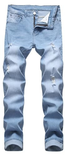 Jean de motard tendance déchiré pour homme, coupe droite, coupe droite, style usé, classique, délavé, décontracté, robuste, avec poches, bleu clair, M
