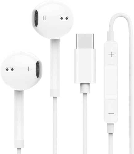 USB C Headphone, In-Ear Type C Earbuds Wired Earphones with Microphone Volume Control HiFi Stereo Noise reduction mic Compatible with Samsung Galaxy A53 A33 S23,S22 All USB C Devices (White)