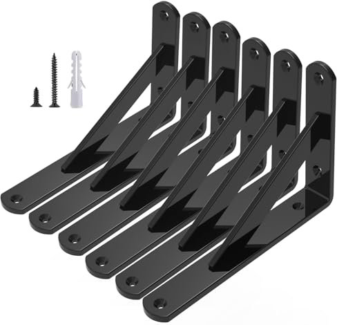 6er-Set Stabile Dreieckige Regalhalterungen aus Stahl (305 x 200mm) in Schwarz - Metall Schwerlast Regalwinkel Winkelträger mit Befestigung, 30.5 x 20 cm Regalträger