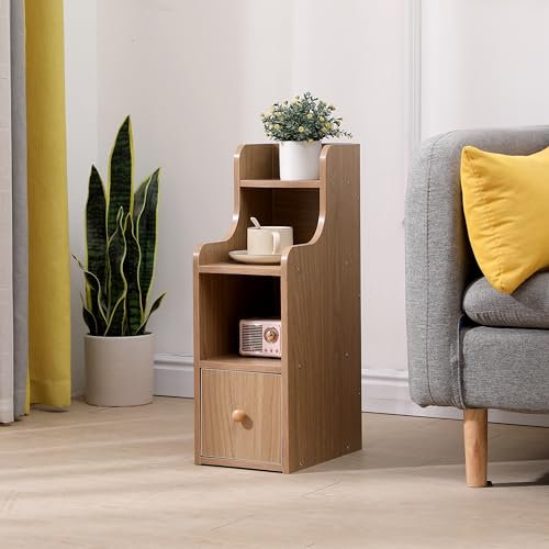 Pantanal Slim Wood Bedroom Nightstand Bedside Table Cabinet with Storage Shelf, Narrow Living Room Sofa Side Table (2 shelf cabinet with drawer)