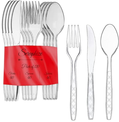Seraphize Plastic Cutlery Set Pack of 120 (40 Spoons, 40 Fork & 40 Knives) Strong, Durable & Lightweight | Heavy Duty Reusable Cutlery Set | Dining Utensils for Events & for Everyday Personal Use