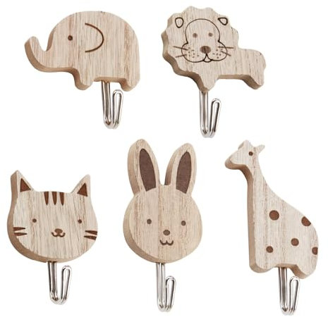 5 Packs Wooden Coat Hooks, Animal Wall Hooks Kids Coat Hooks for Nursery, Bedroom Living Baby Room Decor, Animal Theme Decorations Cats Rabbits Lions Giraffes Elephant
