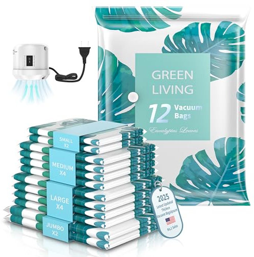 Sac de Rangement sous Vide avec Pompe Électrique, Adaptés aux Voyages, Sacs gain de place pour vêtements, couvertures, couettes, oreillers, édredons et voyage (Lot de 12)