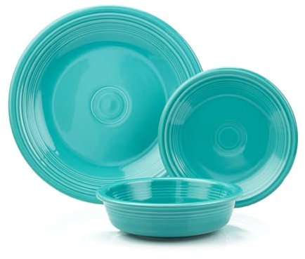 Fiesta Classic Rim Service de table 12 pièces – Céramique durable, sans plomb, passe au lave-vaisselle, micro-ondes, four – Fabriqué aux États-Unis – Turquoise