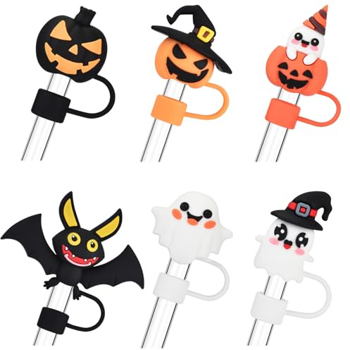 Haundry 6Pcs Halloween Straw Cover Cap for Stanley Cup 40oz/30oz Tumbler, 10mm Reusable Cute Ghost Drinking Straw Topper Accessories, Portable Protector Plugs Decorations Gifts for Party Halloween