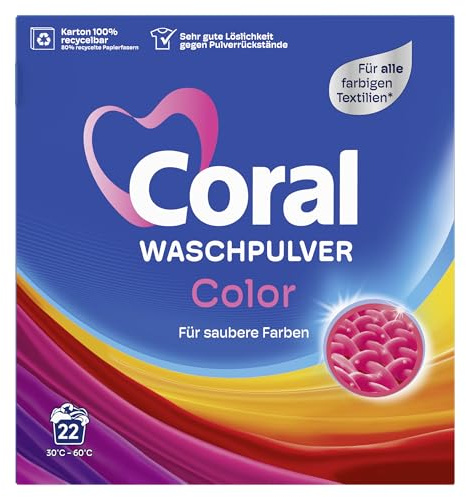 Coral Waschpulver Color 22 WL | Farbige Textilien, sanfte Reinigung, saubere Farben, frischer Wäscheduft, nicht Wolle und Seide, 22 WL, Colorwaschmittel