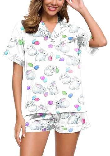 Generisch Seiden Pyjama Set für Damen Kurzärmelig Satin Top und Hose mit Lustiger Osterhase Zuhause Knopfleiste Sleepwear Loungewear Bequeme Weiche Nachtwäsche Baggy Atmungsaktiv Hausanzug