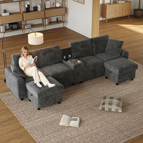 Sapgaks Canapé 4 Places Moderne en Velours côtelé avec Console Centrale,Prises de Courant et Ports USB+Type-C,Porte-gobelets,Deux Repose-Pieds avec Rangement,Canapé d'angle en U (G-Gris)