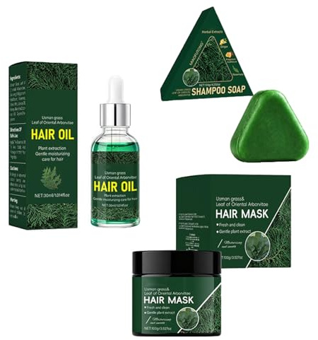 3-Piece Thuja Leaf Hair Care Set, Shampoo Bar, Hair Mask & Hair Oil, Usman Grass And Oriental Arborvitae For Oily Scalp Frizz Control And Nourished Locks (Multicolor)