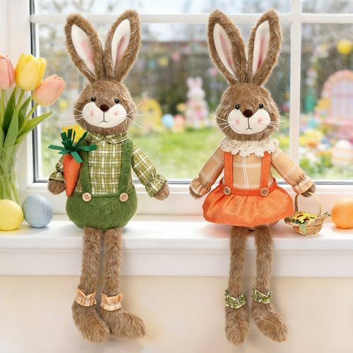 Osterdeko Hase Figuren, 2 Stück Plüsch Osterhasen Figuren Osterdeko Tisch B | Osterhasen Deko Figur mit Karotte Blumenkorb Frühlingsdeko Kaninchen Statue Hase Deko Figur Ornamente für Osterdekoration